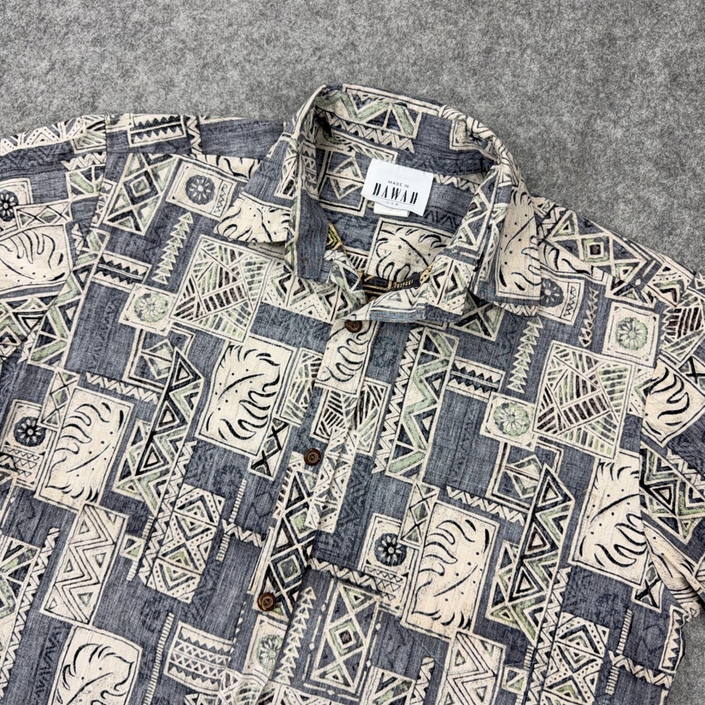 VTG Hawaiian Shirt Mens Small Blue Geometric‎ Tribal Print Cotton Aloha 90s USA
